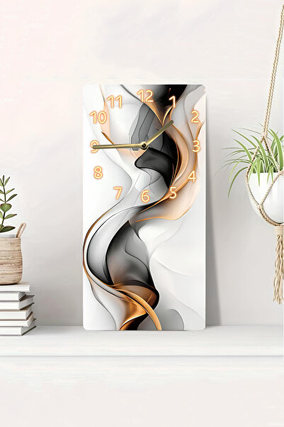 kutuTR 3D Looking 2D Uv Printing Mdf Painting Clock – Modern Black White & Gold Abstract Pattern – 20X40 Cm-Dts103