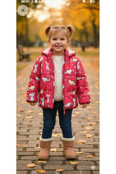 MODA Kedi desenli içi kürklü sevimli kız çocuğu montu pembe