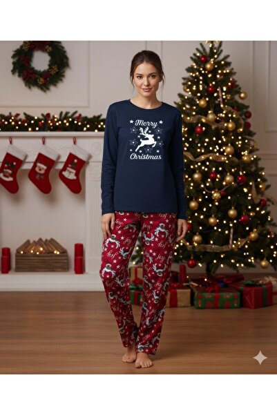 Serena Women's Christmas Pajamas – Navy Blue Blouse & Red Pants, Merry Christmas Reindeer