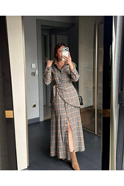 Dilek Vardar Mink Blue Women's Cape Detail Plaid Long Dress