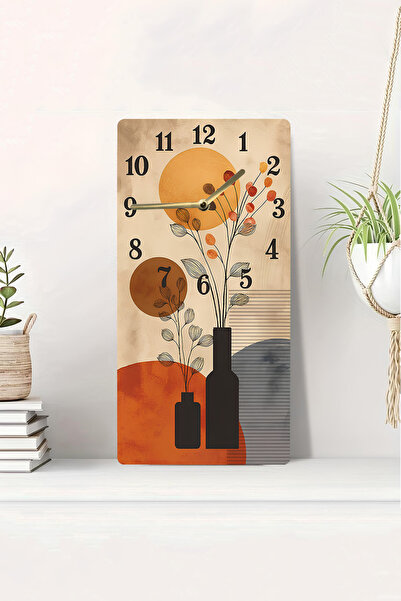 kutuTR 3D Looking 2D Uv Printing Mdf Table Clock – Modern Vase and Sun Silhouette Patterned – 20X40 Cm-Dts101