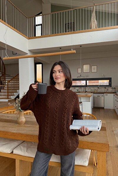 mylove سترة محبوكة للشعر باللون البني