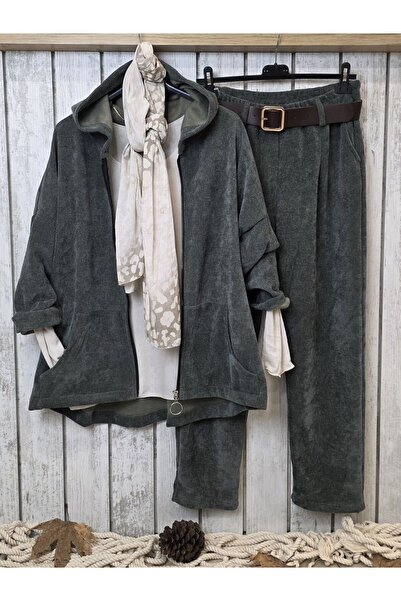 pudubutik جاكيت كاكي بغطاء رأس مخملي