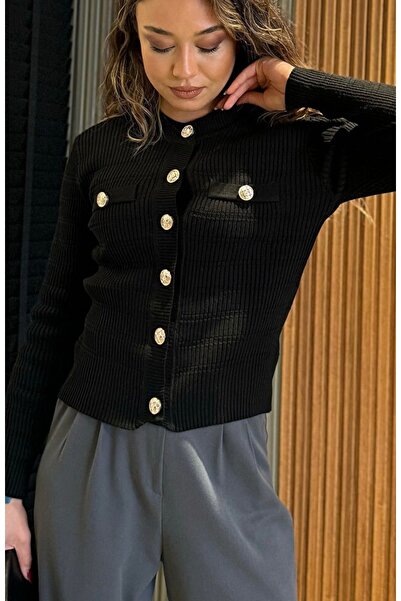 Butik Gold Düğme Detaylı Fitilli Triko Hırka
