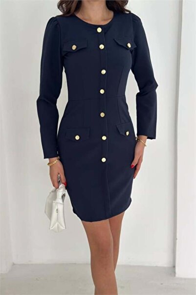 Dipmoda Women's Double Fabric Button Long Sleeve Mini Dress Dpk4388