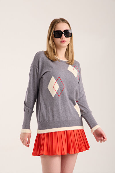 Clothes Fast Women's Gray Geometric Patterned Round Neck Glitter Knitwear Blouse