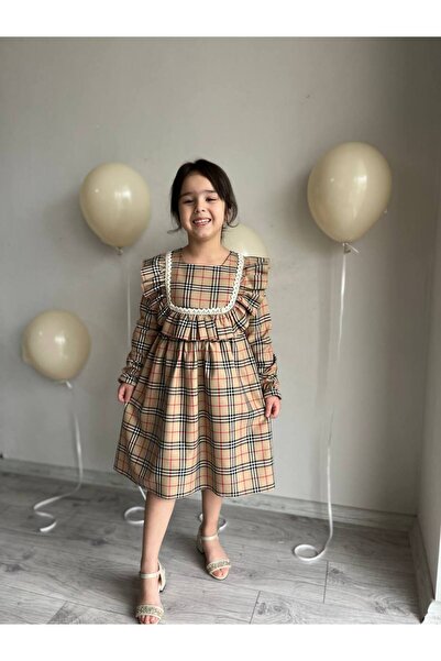 Sare Çocuk Giyim Kız Çocuk Kahverengi Ekose Kare Desenli Kışlık Günlük Güpürl...
