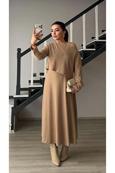Oslove Beige Thick Strap Flared Dress-Blouse Set