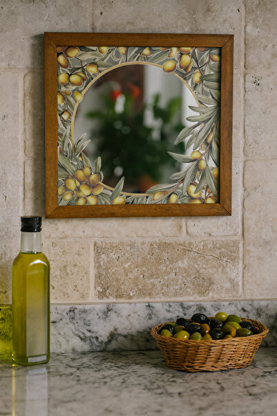 LudenHome Akdeniz Zeytin Fine Art Masif Ağaç Çerçeveli Dekoratif Ayna 32×32 cm