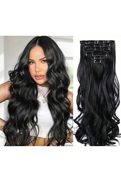 PERUK وصلات شعر طويلة مموجة باللون الأسود