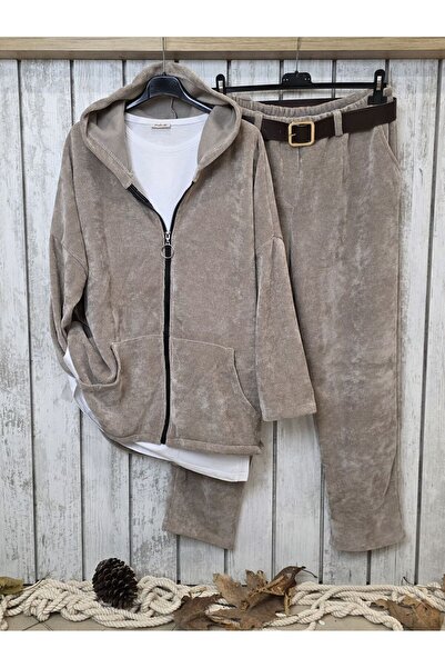 pudubutik Beige Hooded Velvet Sweat Jacket