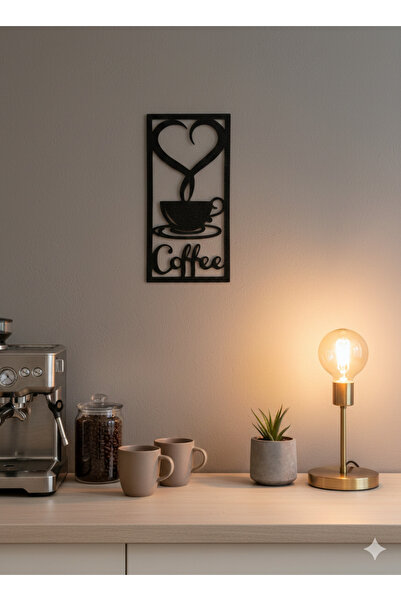vetria Aşk Kahve Temalı Duvar Dekoru | Kalp Buharı ve Fincan Figürlü Siyah Mu...
