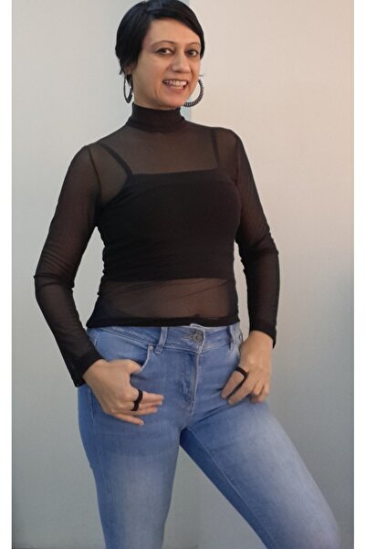 Mertcan Butik Black Turtleneck Long-Sleeved Tulle T-Shirt