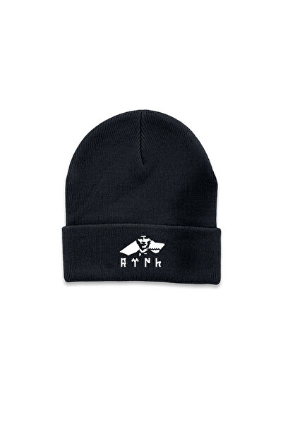 MODA Türk Bozkurt Göktürkçe Yazı Kurt Baskılı Siyah Katlamalı Kışlık Şapka Bere