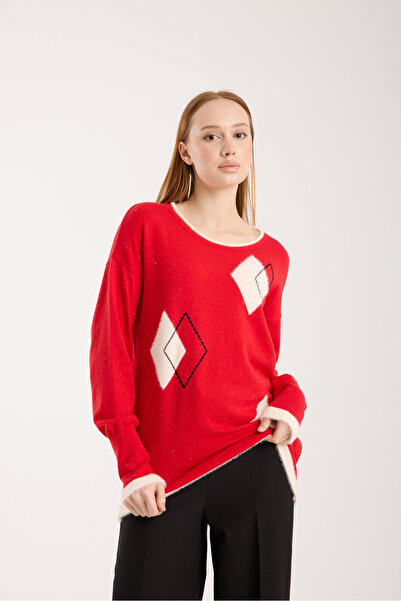 Clothes Fast Women's Red Geometric Patterned Round Neck Glitter Knitwear Blouse