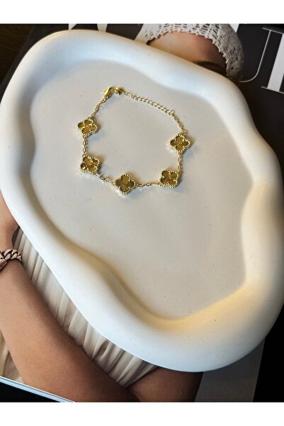VELOR JEWELRY 14K Altın Kaplama Çelik Kararmaz Düz Yonca Tasarım Bileklik