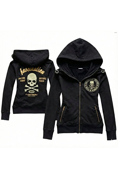 Köstebek Fascination Skull Bones Zippered Hooded Crop Sweatshirt