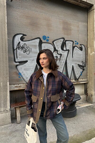 mylove سترة منقوشة بياقة مخملية باللون البني