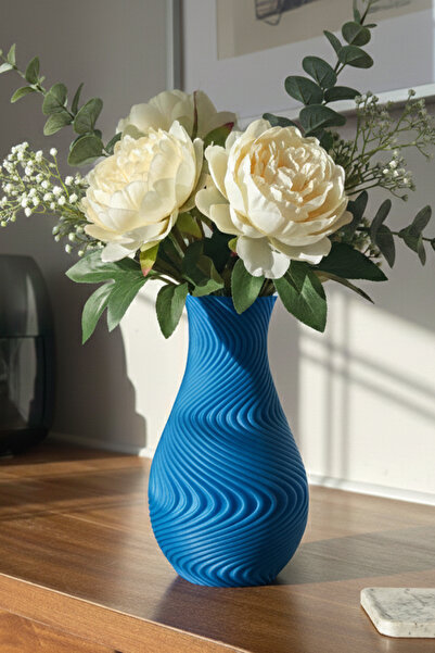 MEK مزهرية بلاستيكية مزخرفة بتصميم حلزوني حديث باللون الأزرق (18.5 × 11 سم)