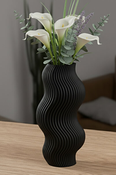 MEK Vază decorativă din plastic cu design ondulat, neagră (20x10cm)