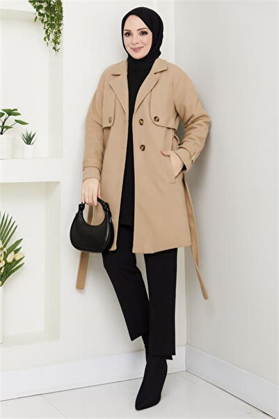 Dipmoda Women's Short Length Belted Buttoned Lined Cashmere Coat Dpft003
