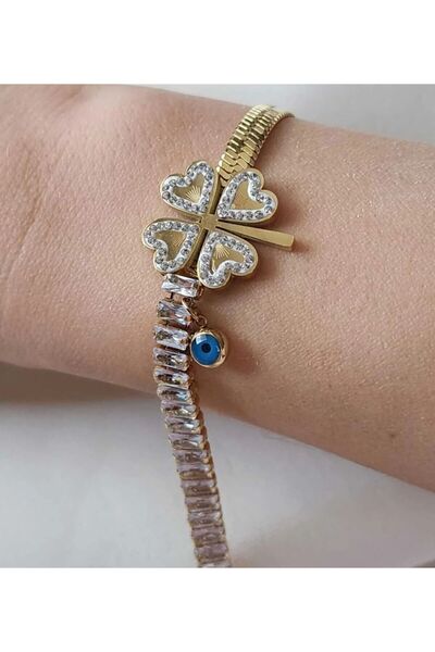 AKSESUARIM Women's Zircon Stone Evil Eye Beaded Clover Detailed Steel Bracelet