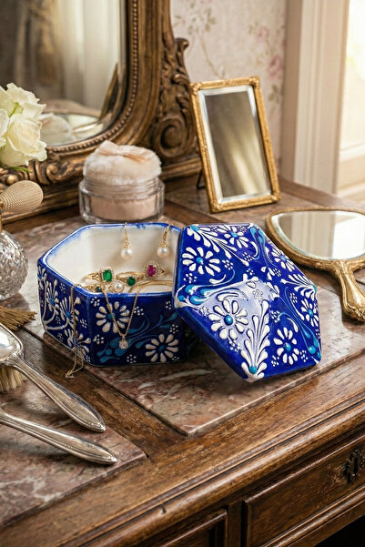 EVCİME صندوق مجوهرات سداسي الشكل مصنوع يدويًا من الخزف المزخرف