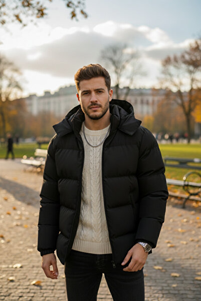 Bossago Palton negru cu glugă detașabilă de calitate premium de sezon nou