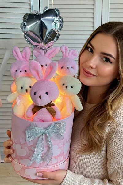 ozbience Kalpli Balonlu LED Işıklı Pembe Tavşanlı Ayıcık Buketi, Hediye Kutus...