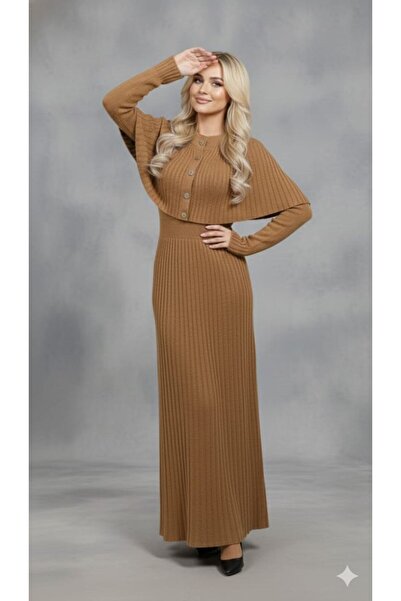 GİYSİ DÜNYASI 57 TRİKO KUMAŞ PELERİN DETAYLI BELDEN OTURTMALI TAM BOY ELBİSE