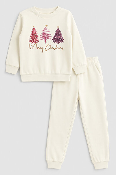 MODA 2026 Crăciun Moș Crăciun Crăciun cu imprimeu guler rotund Ecru Trening p...