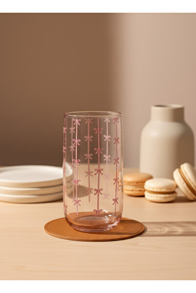 REMİ DESİGN Toz Pembe Şerit Kurdele Desenli Meşrubat Bardağı