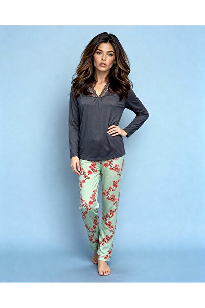 MAY Homewear Ring Viscose Colorfast Printing Lace Detailed Long Sleeve Women's Pajama Set