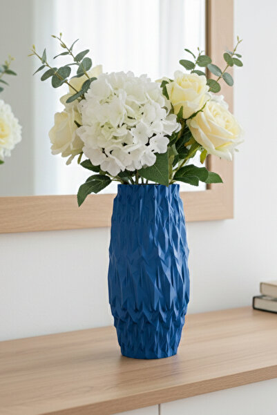 MEK مزهرية بلاستيكية مزخرفة بتصميم عصري منحوت باللون الأزرق (20x10 سم)