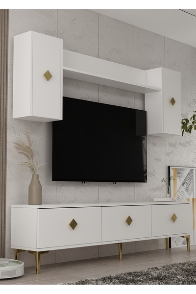 DEMONTE DECOR 1337TV180-1DD TV ÜNİTESİ , TV SEHPASI BEYAZ-ALTIN