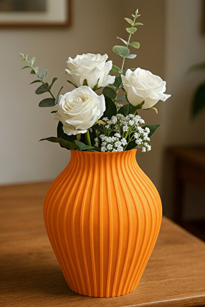 MEK Classic Striped Wide Form Decorative Plastic Vase Orange (18X17.5Cm)