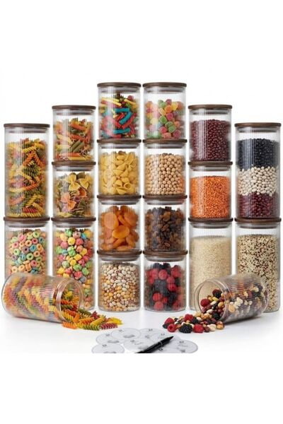 Köken Set de 12 recipiente din sticlă borosilicată cu capace etanșe din bambus, borcane cu capace etanșe din bambus