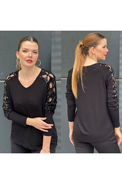 MODA KADIN SİYAH TÜL TAŞ DETAYLI KAZAK