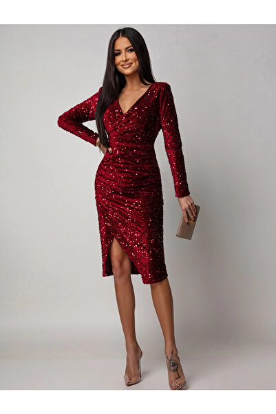 UniqueStore.ro Rochie midi elegantă, vișinie, cu paiete și crăpătură laterală