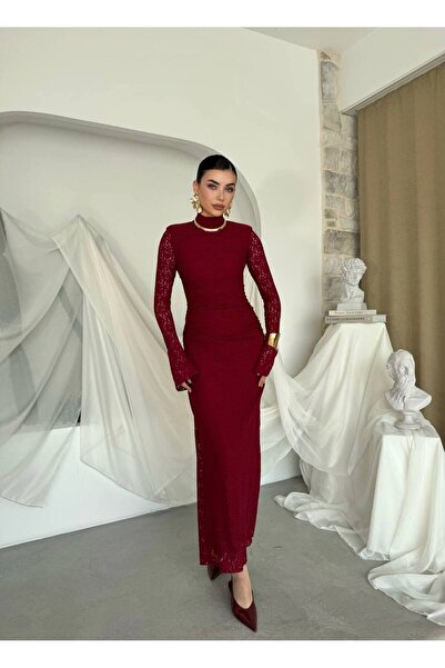 ETİKAFASHION Hakim Yaka Drapeli Dantel Kadın Elbise