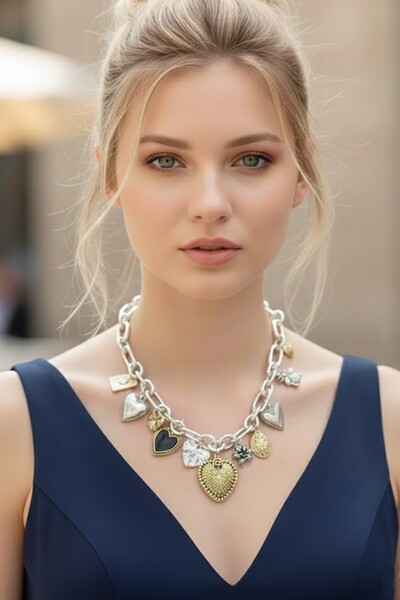 CAŞ DEKORASYON Silver and Gold Color Charmlı Design Necklace