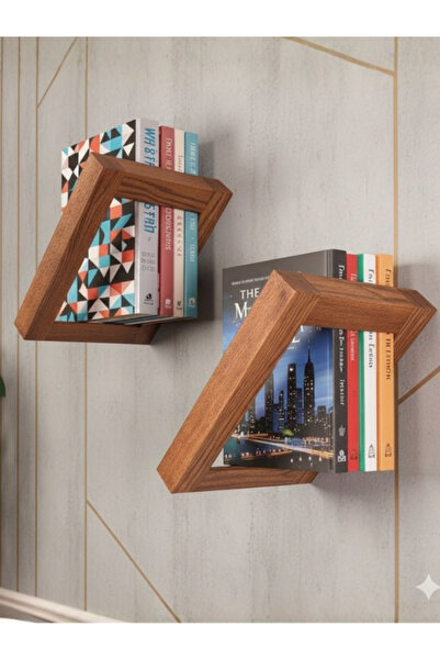 Ahşap Pazarı Doğal Ahşap Modern Duvar Rafı Seti 2'li Kitaplık Dergilik El Yap...
