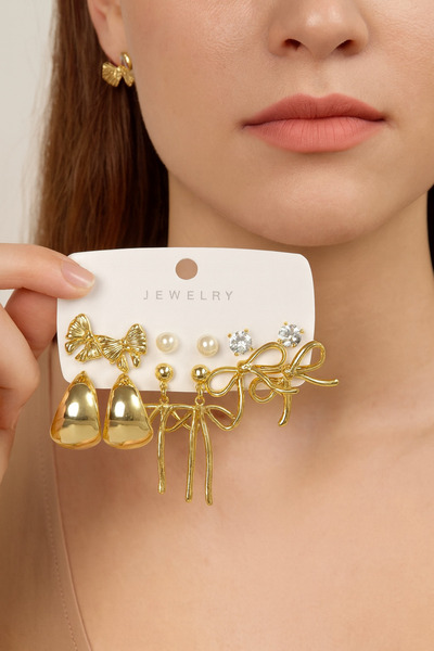 MRK Kadın 12'li Kombin Halka Küpe İnci 6 Çift Set Çoklu Küpe