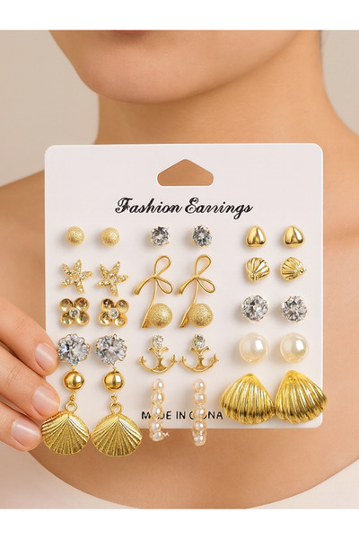 MRK Kadın 30'lu Kombin Halka Küpe İnci 15 Çift Set Çoklu Küpe