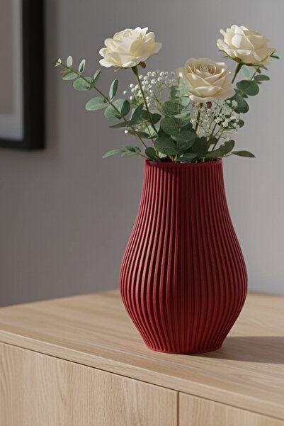 MEK Vertical Striped Elegant Striped Minimal Stylish Plastic Vase Red (18X11Cm)