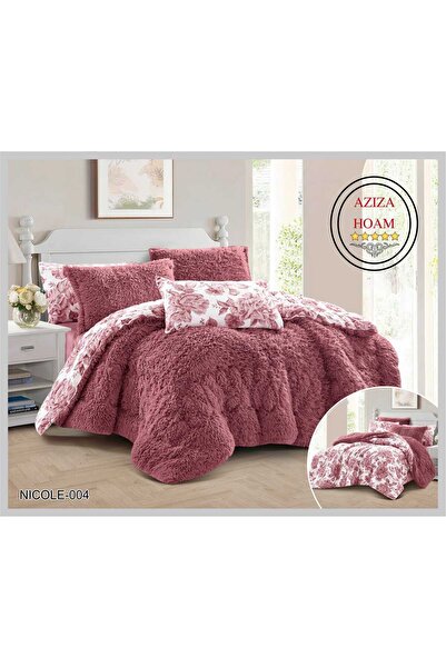 FABRIC Double bed velvet duvet set, 8 pieces, in dark pink, with a soft faux ...