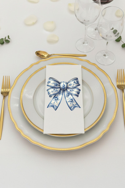 Peçetella Porselen Görünümlü Mavi Kurdele Tasarım Peçetesi 20'li 33x33