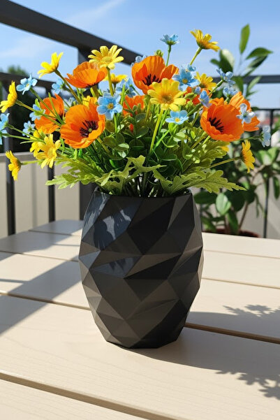 MEK مزهرية بلاستيكية PETG مزخرفة بتصميم مضلع حديث باللون الأسود (20x17 سم)