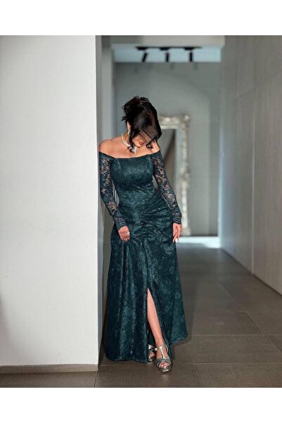ZOHRAN Elegant olive green lace evening dress
