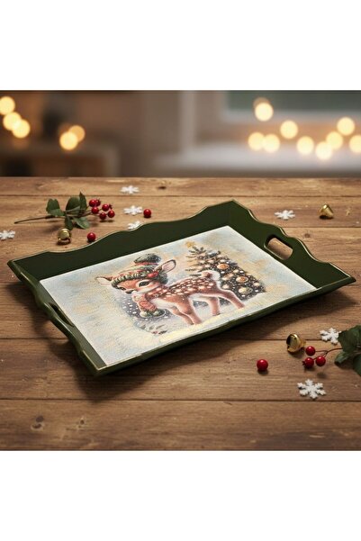 lya luxury صينية خشبية مزخرفة بتصميم غزال صغير لعيد الميلاد (32×25 سم)